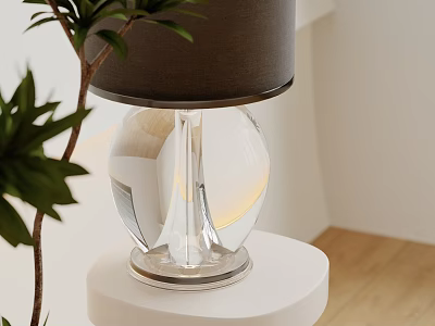 Table Lamp With Black Shade Transparent Glass Base On White Table With Green Plant Wooden Floor 3d model