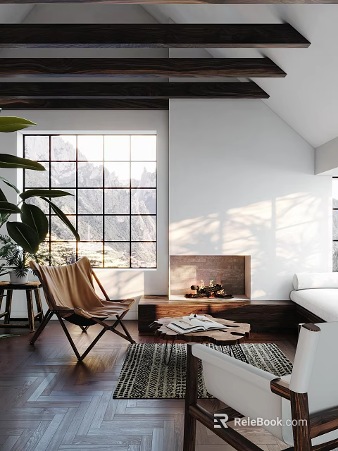 Cozy Lounge Area With Large Window Mountain View Sunlight Fireplace Leather Chair Plant And Sofa 3d model 