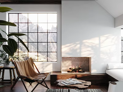 Cozy Lounge Area With Large Window Mountain View Sunlight Fireplace Leather Chair Plant And Sofa 3d model