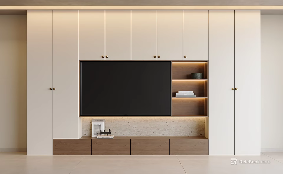 Modern TV Stand Featuring White Cabinets Wooden Drawers and Built-in TV with Open Shelves 3d model 