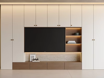 Modern TV Stand Featuring White Cabinets Wooden Drawers and Built-in TV with Open Shelves 3d model