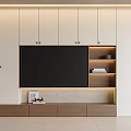 Modern TV Stand Featuring White Cabinets Wooden Drawers and Built-in TV with Open Shelves