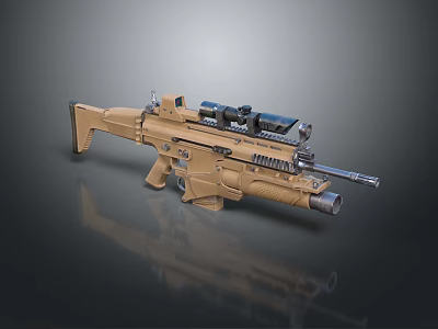 Brown Tactical Assault Rifle with Sniper Scope and Silencer on Dark Reflective Surface 3d model