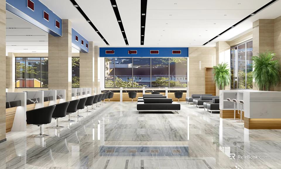 Spacious Modern Service Hall Interior With Waiting Seats Service Counters Marble Floor And Large Windows 3d model 