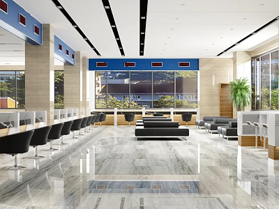 Spacious Modern Service Hall Interior With Waiting Seats Service Counters Marble Floor And Large Windows 3d model