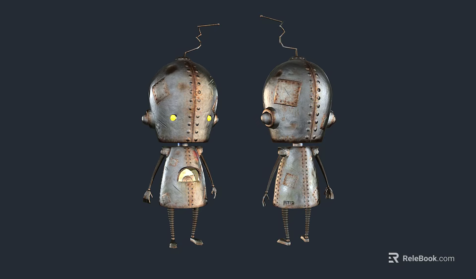 Two Rusty Metallic Robots With Yellow Eyes Antennas And Slender Legs Design 3d model 