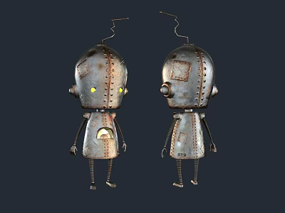 Two Rusty Metallic Robots With Yellow Eyes Antennas And Slender Legs Design 3d model