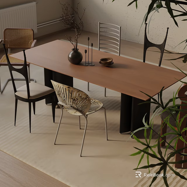 Wooden Dining Table Set With Mixed Style Chairs Decorative Vase And Indoor Plants 3d model 