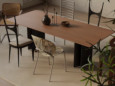 Wooden Dining Table Set With Mixed Style Chairs Decorative Vase And Indoor Plants 3d model