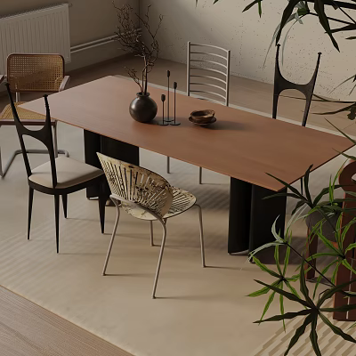 Wooden Dining Table Set With Mixed Style Chairs Decorative Vase And Indoor Plants 3d model