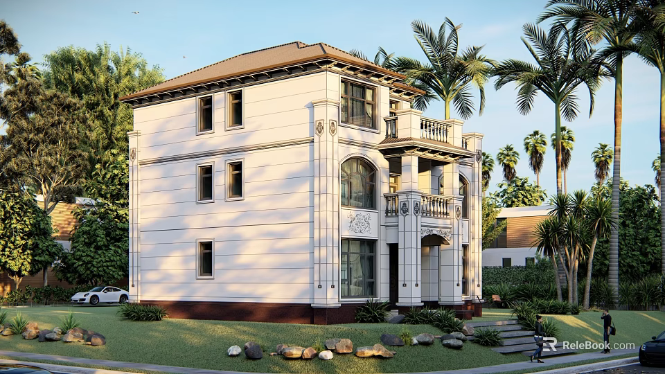 Two Story Detached Villa With White Exterior Balcony Arched Windows And Palm Trees 3d model 