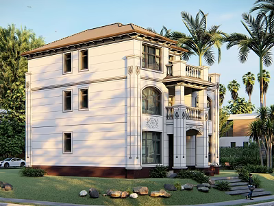 Two Story Detached Villa With White Exterior Balcony Arched Windows And Palm Trees 3d model