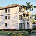 Two Story Detached Villa With White Exterior Balcony Arched Windows And Palm Trees