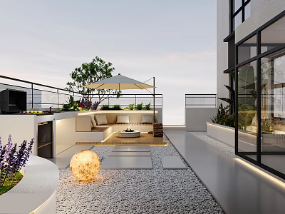 Modern Roof Garden Design Featuring Outdoor Seating Plants Umbrella Lighting And Gravel Floor 3d model