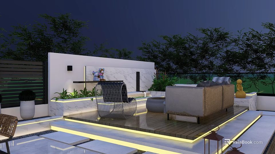 Rooftop Garden Outdoor Space With Sofa Chair Plants And Ambient Lighting 3d model 