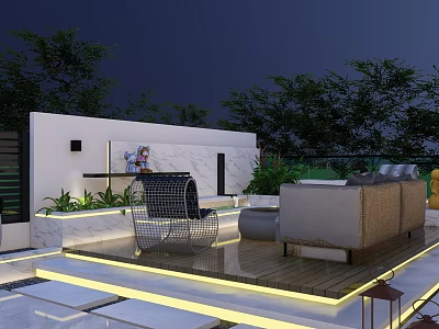 Rooftop Garden Outdoor Space With Sofa Chair Plants And Ambient Lighting 3d model