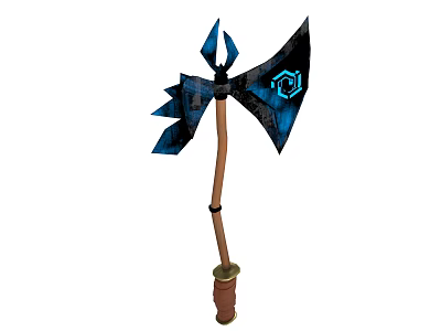 Blue And Black Decorative Axe With Wooden Handle And Blue Symbol Design 3d model