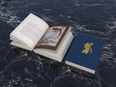 Open Book With Illustration And Text And Blue Book With Golden Design On Marble Surface 3d model