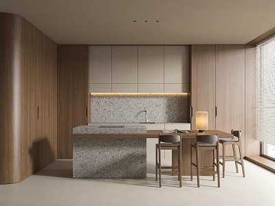 Modern Restaurant Kitchen With Wooden Walls Gray Patterned Island Counter Bar Stools And Lighting 3d model