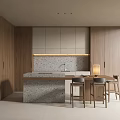 Modern Restaurant Kitchen With Wooden Walls Gray Patterned Island Counter Bar Stools And Lighting