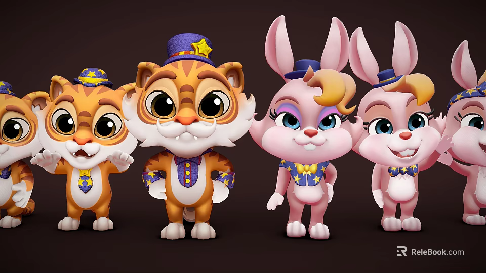 Cute Cartoon Tigers And Rabbits Characters Wearing Star Decorated Hats And Costumes 3d model 
