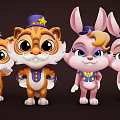 Cute Cartoon Tigers And Rabbits Characters Wearing Star Decorated Hats And Costumes