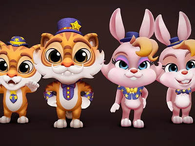Cute Cartoon Tigers And Rabbits Characters Wearing Star Decorated Hats And Costumes 3d model