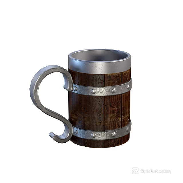 Vintage Wooden Mug With Metal Bands Rivets And Curved Metal Handle 3d model 