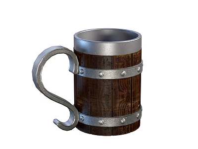 Vintage Wooden Mug With Metal Bands Rivets And Curved Metal Handle 3d model