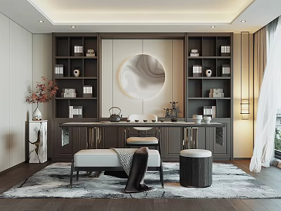 Chinese Style Tea Room Interior With Elegant Furniture And Decor 3d model