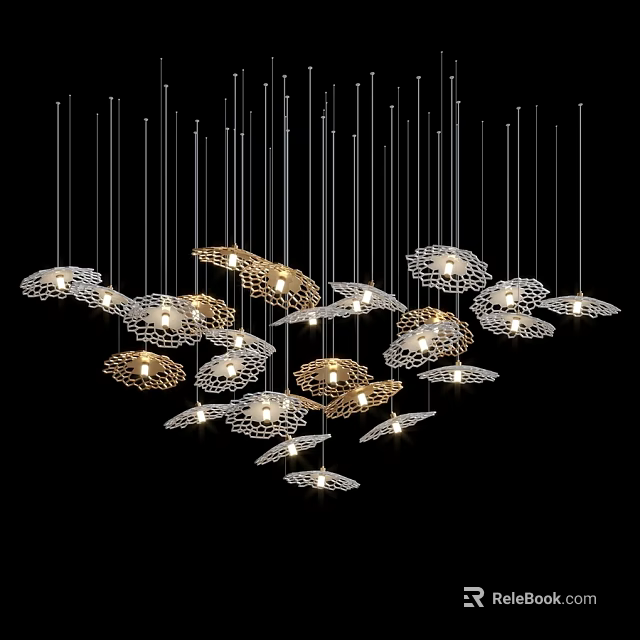 Modern Hanging Chandeliers with Flower Cloud Shaped White And Gold Illuminated In Black Background 3d model 