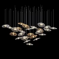 Modern Hanging Chandeliers with Flower Cloud Shaped White And Gold Illuminated In Black Background