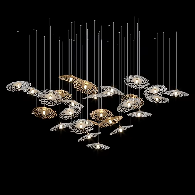 Modern Hanging Chandeliers with Flower Cloud Shaped White And Gold Illuminated In Black Background 3d model