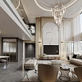 Luxurious Duplex Living Room With Spiral Staircase Stylish Furniture And Chandeliers