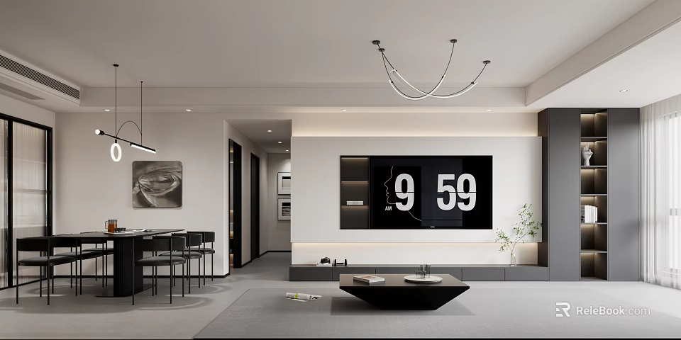 Modern Living and Dining Room Interior With Open Layout TV Wall Sofa and Pendant Lights 3d model 