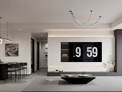 Modern Living and Dining Room Interior With Open Layout TV Wall Sofa and Pendant Lights 3d model