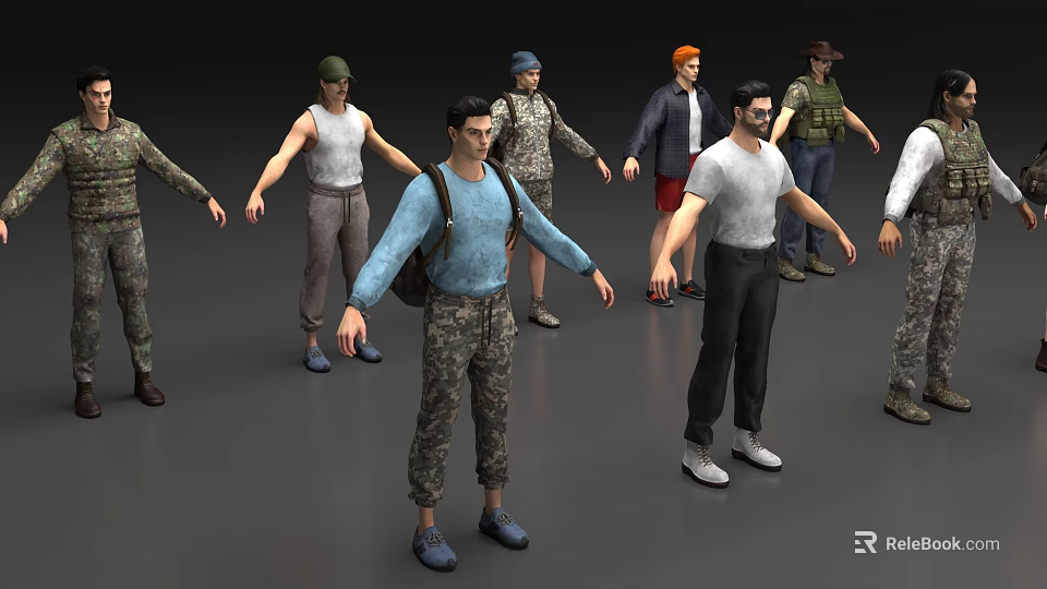 Multiple Men In Different Outfits Standing In 3D Character Design Scene 3d model 