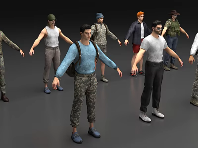 Multiple Men In Different Outfits Standing In 3D Character Design Scene 3d model
