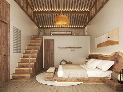 Hotel Room Featuring Rustic Wooden Staircase Pendant Light White Bedding And Cozy Atmosphere 3d model