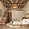 Hotel Room Featuring Rustic Wooden Staircase Pendant Light White Bedding And Cozy Atmosphere