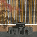 Natural Stone Table and Stools Set with Bamboo Screen and Pink Blossom Tree 3d model
