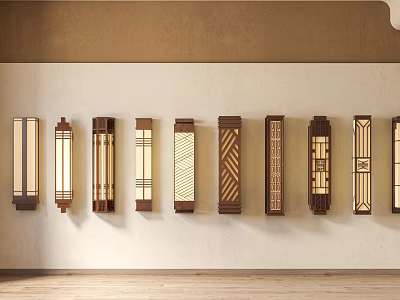 Different Designed Wall Lamps Mounted on Beige Wall with Wooden Frames and Intricate Patterns 3d model