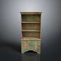 Vintage Green Wooden Bookcase With Multiple Shelves And Bottom Cabinet Doors