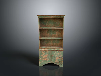 Vintage Green Wooden Bookcase With Multiple Shelves And Bottom Cabinet Doors 3d model