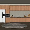 Modern Kitchen Interior With Wooden Cabinets White Refrigerator Gray Backsplash And Round Rug