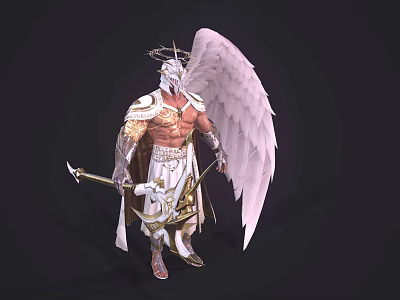 Divine Mythical Angel Character In Ornate Armor With White Wings Golden Halo And Spear 3d model
