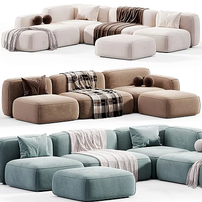 Modern Modular Sectional Sofa In Neutral Tones With Plaid Blanket Throw Pillows And Ottoman 3d model