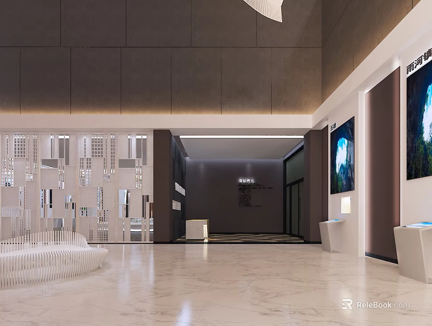 Modern Lobby Interior With Marble Floor Glass Doors And Display Screens Minimalist Design 3d model 