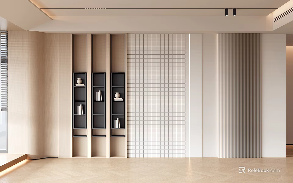 Modern Beige Background Wall With Grid Tile Vertical Stripe Design And Black Shelves 3d model 