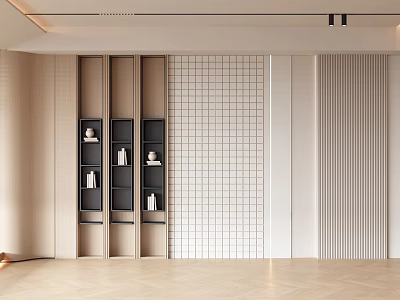 Modern Beige Background Wall With Grid Tile Vertical Stripe Design And Black Shelves 3d model